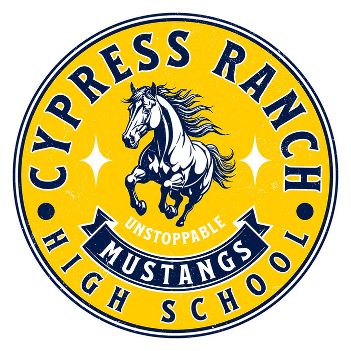 Close-up view of Cypress Ranch High School Mustangs Unisex 3/4 sleeve Raglan T-shirt 215