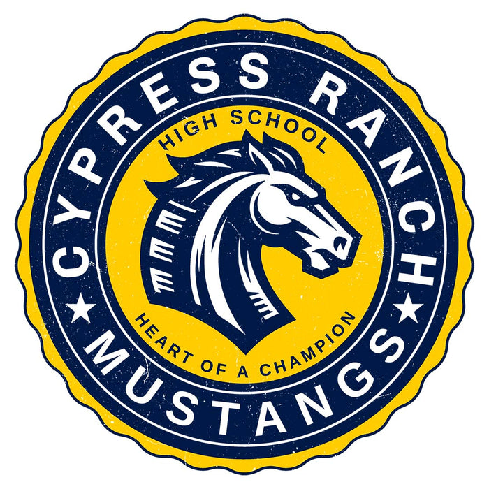 Close-up view of Cypress Ranch High School Mustangs Unisex 3/4 sleeve Raglan T-shirt 216