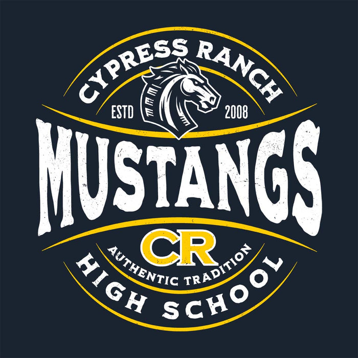 Close-up view of Cypress Ranch High School Mustangs Women's Navy T-shirt 218