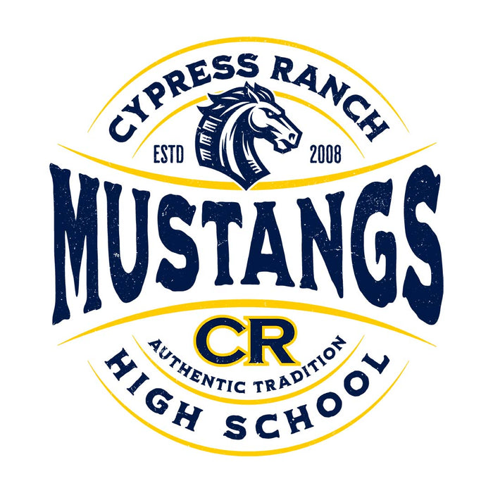 Close-up view of Cypress Ranch High School Mustangs Unisex 3/4 sleeve Raglan T-shirt 218