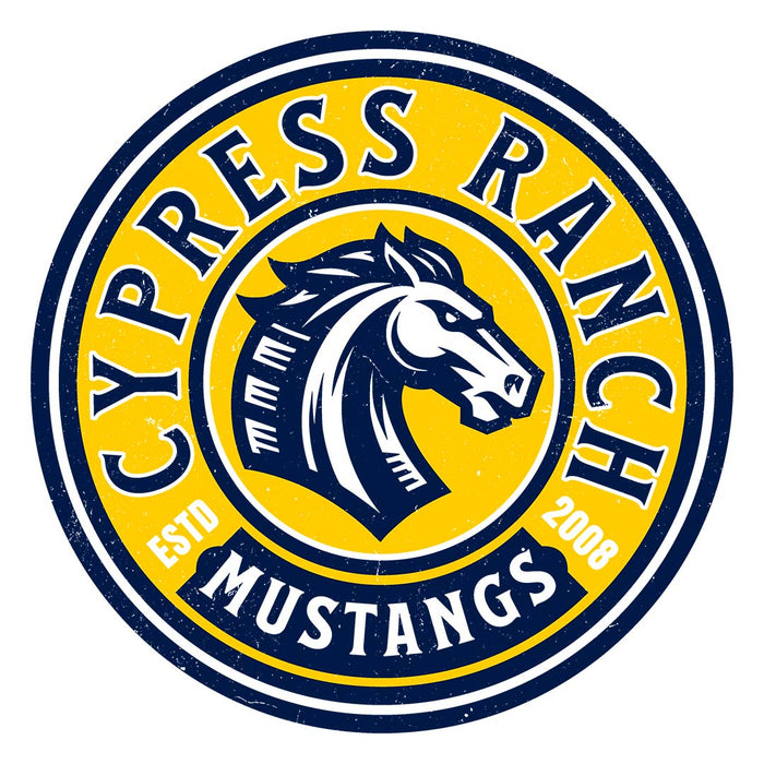 Close-up view of Cypress Ranch High School Mustangs Unisex 3/4 sleeve Raglan T-shirt 220