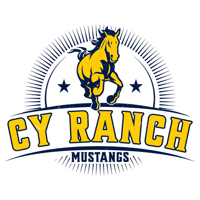 Close-up view of Cypress Ranch High School Mustangs Unisex 3/4 sleeve Raglan T-shirt 221