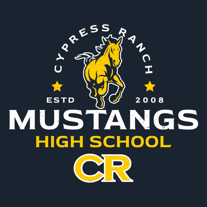 Close-up view of Cypress Ranch High School Mustangs Women's Navy T-shirt 222