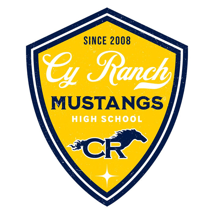 Close-up view of Cypress Ranch High School Mustangs Unisex 3/4 sleeve Raglan T-shirt 225