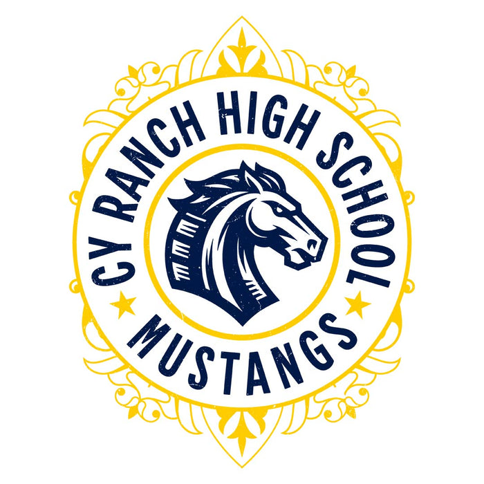 Close-up view of Cypress Ranch High School Mustangs Unisex 3/4 sleeve Raglan T-shirt 227