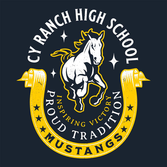 Close-up view of Cypress Ranch High School Mustangs Women's Navy T-shirt 229
