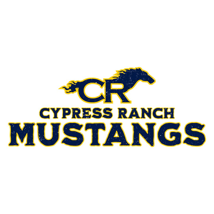 Close-up view of Cypress Ranch High School Mustangs Unisex 3/4 sleeve Raglan T-shirt 233