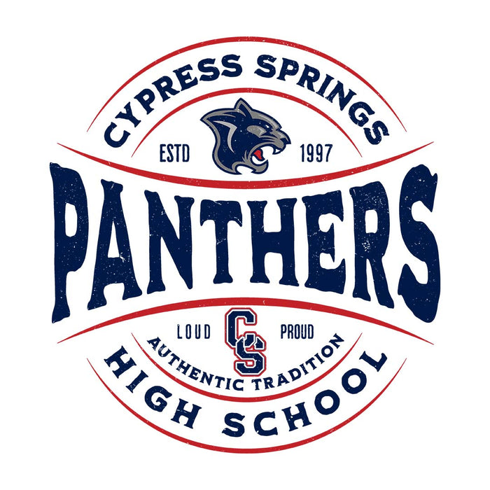 Close-up view of Cypress Springs High School Panthers Unisex 3/4 sleeve Raglan T-shirt 218