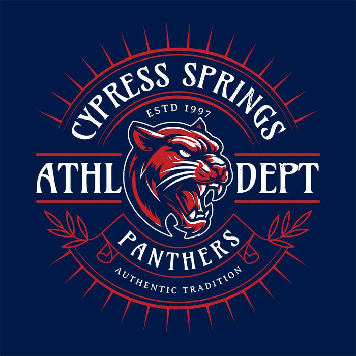 Close-up view of Cypress Springs High School Panthers Navy Classic Unisex T-shirt 201