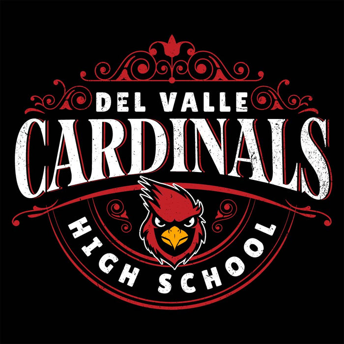 Close-up view of Del Valle High School Cardinals Black Premium Unisex T-shirt 211