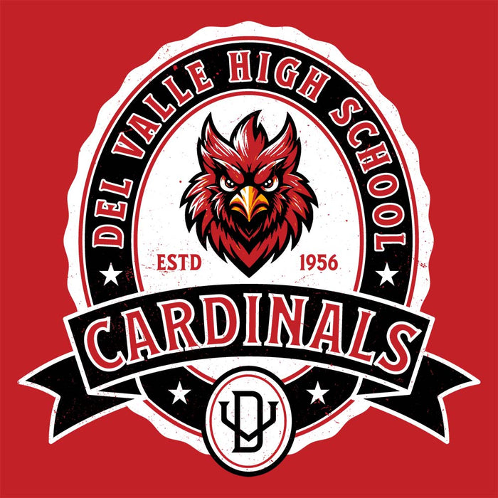 Close-up view of Del Valle High School Cardinals Red Classic Unisex Hoodie 212