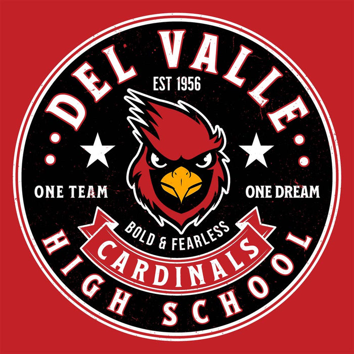 Close-up view of Del Valle High School Cardinals Red Classic Unisex Hoodie 215