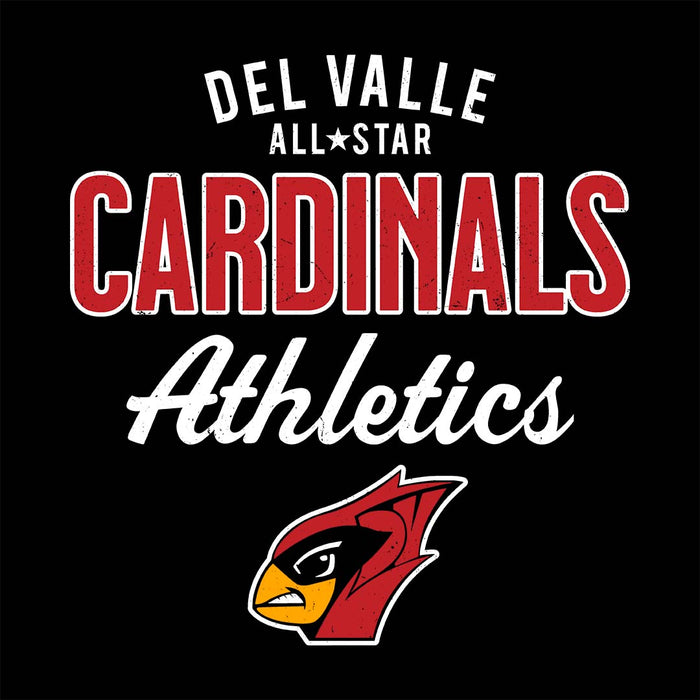 Close-up view of Del Valle High School Cardinals Unisex 3/4 sleeve Raglan T-shirt 034