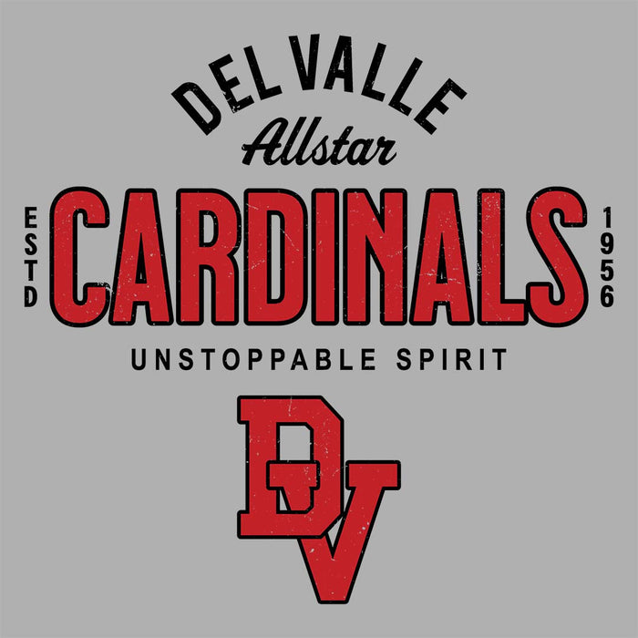Close-up view of Del Valle High School Cardinals Unisex 3/4 sleeve Raglan T-shirt 040