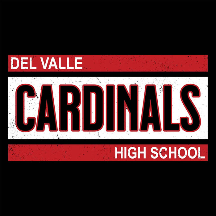 Close-up view of Del Valle High School Cardinals Unisex 3/4 sleeve Raglan T-shirt 098