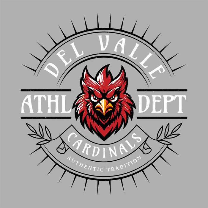 Close-up view of Del Valle High School Cardinals Unisex 3/4 sleeve Raglan T-shirt 201