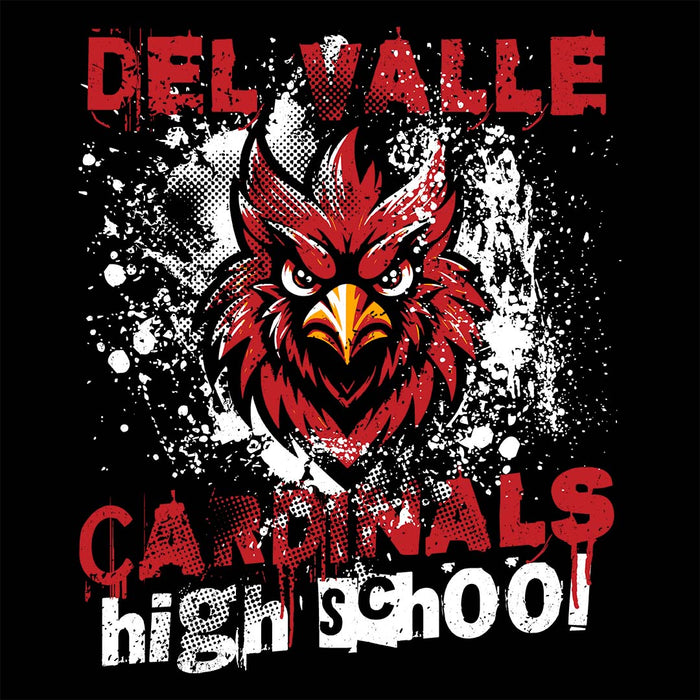 Close-up view of Del Valle High School Cardinals Unisex 3/4 sleeve Raglan T-shirt 205