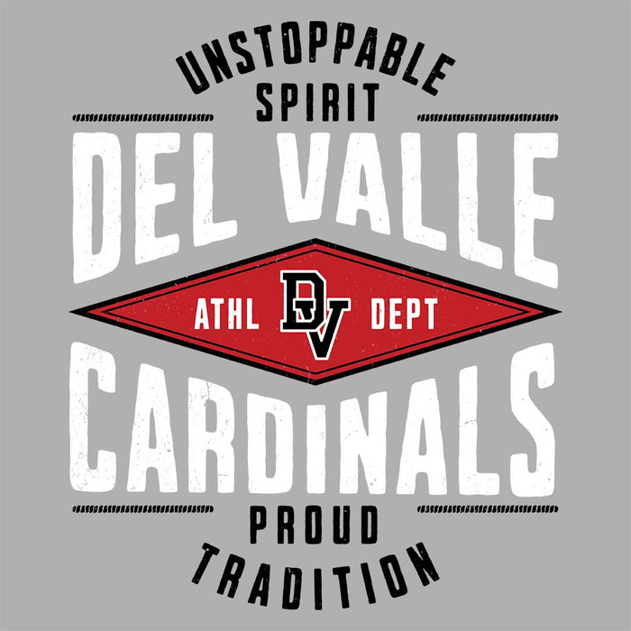 Close-up view of Del Valle High School Cardinals Unisex 3/4 sleeve Raglan T-shirt 210