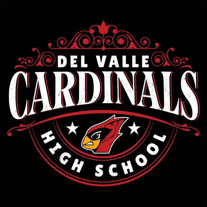Close-up view of Del Valle High School Cardinals Women's Black T-shirt 211