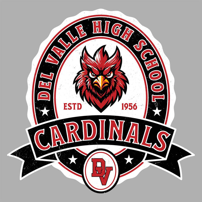 Close-up view of Del Valle High School Cardinals Unisex 3/4 sleeve Raglan T-shirt 212
