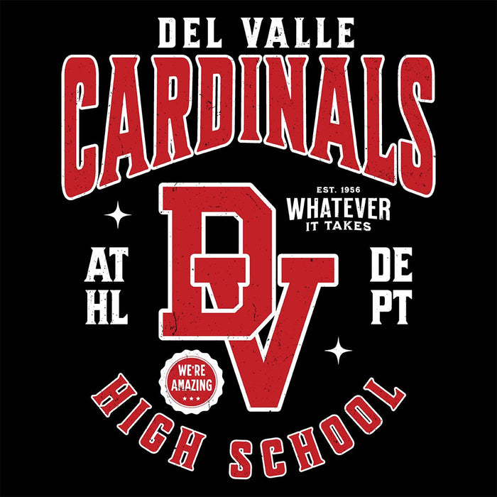 Close-up view of Del Valle High School Cardinals Unisex 3/4 sleeve Raglan T-shirt 213