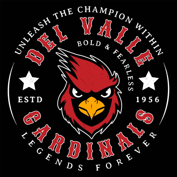 Close-up view of Del Valle High School Cardinals Women's Black T-shirt 214