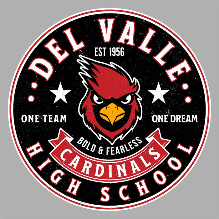 Close-up view of Del Valle High School Cardinals Unisex 3/4 sleeve Raglan T-shirt 215