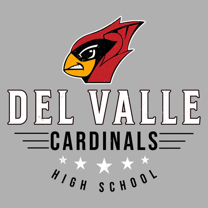 Close-up view of Del Valle High School Cardinals Unisex 3/4 sleeve Raglan T-shirt 217