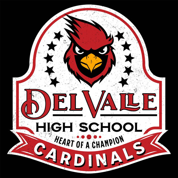 Close-up view of Del Valle High School Cardinals Women's Black T-shirt 219
