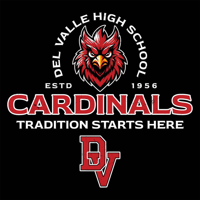 Close-up view of Del Valle High School Cardinals Women's Black T-shirt 222