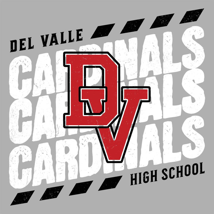 Close-up view of Del Valle High School Cardinals Unisex 3/4 sleeve Raglan T-shirt 223