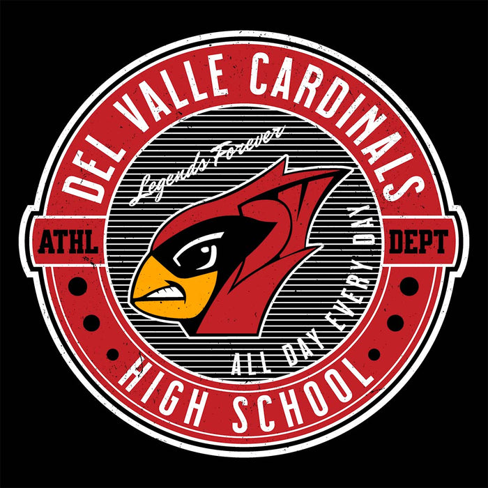 Close-up view of Del Valle High School Cardinals Unisex 3/4 sleeve Raglan T-shirt 224