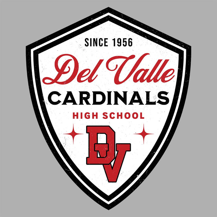 Close-up view of Del Valle High School Cardinals Unisex 3/4 sleeve Raglan T-shirt 225