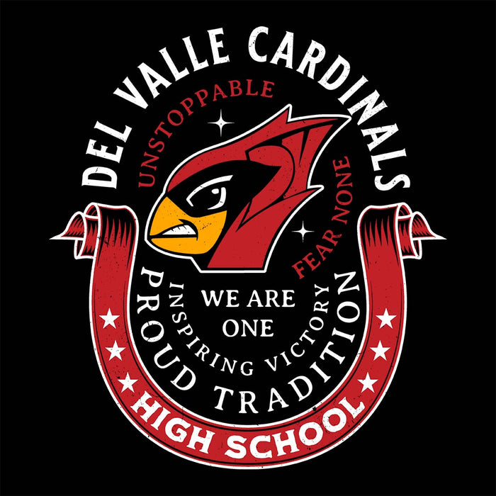 Close-up view of Del Valle High School Cardinals Black Classic Unisex Hoodie 229