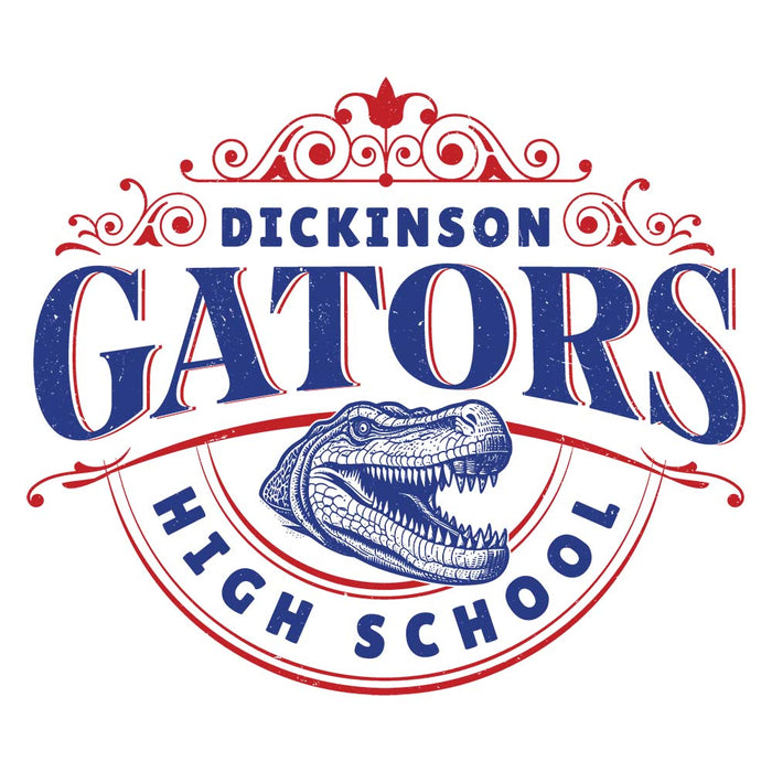 Close-up view of Dickinson High School Gators Unisex 3/4 sleeve Raglan T-shirt 211