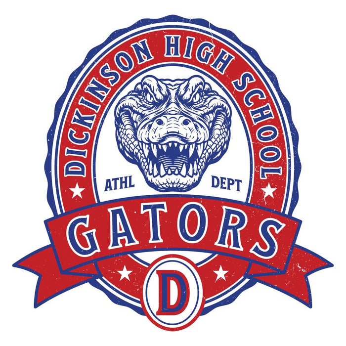 Close-up view of Dickinson High School Gators Unisex 3/4 sleeve Raglan T-shirt 212