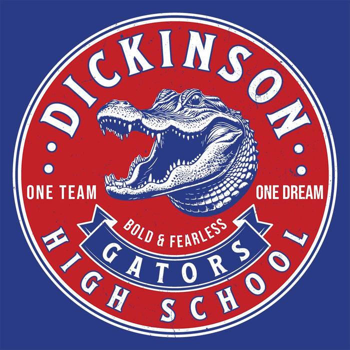 Close-up view of Dickinson High School Gators Royal Blue Classic Unisex Hoodie 215