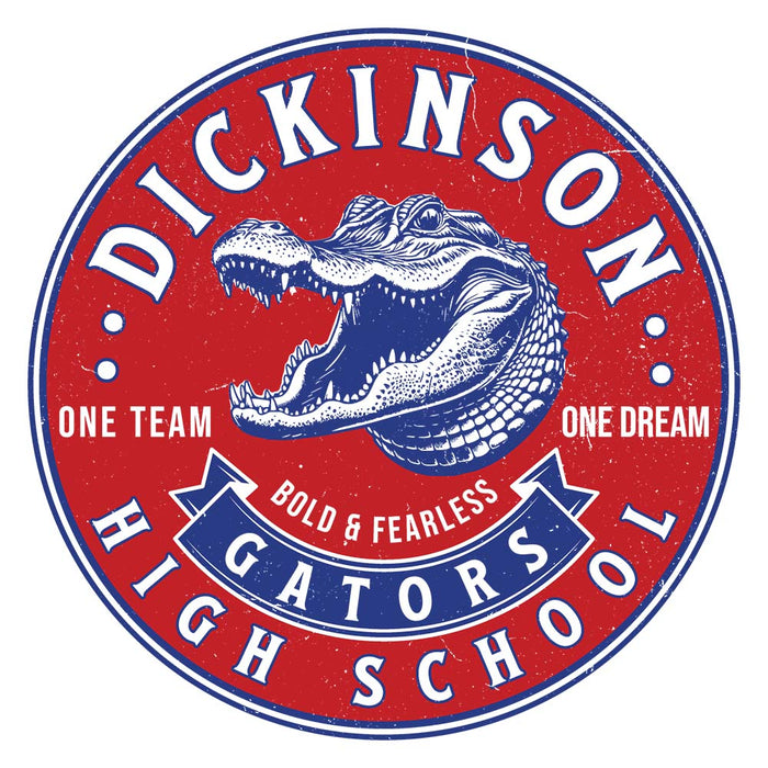 Close-up view of Dickinson High School Gators Unisex 3/4 sleeve Raglan T-shirt 215