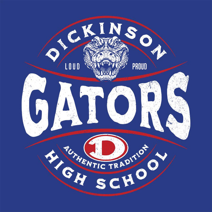 Close-up view of Dickinson High School Gators Royal Blue Classic Unisex Hoodie 218