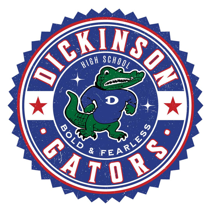 Close-up view of Dickinson High School Gators Unisex 3/4 sleeve Raglan T-shirt 203