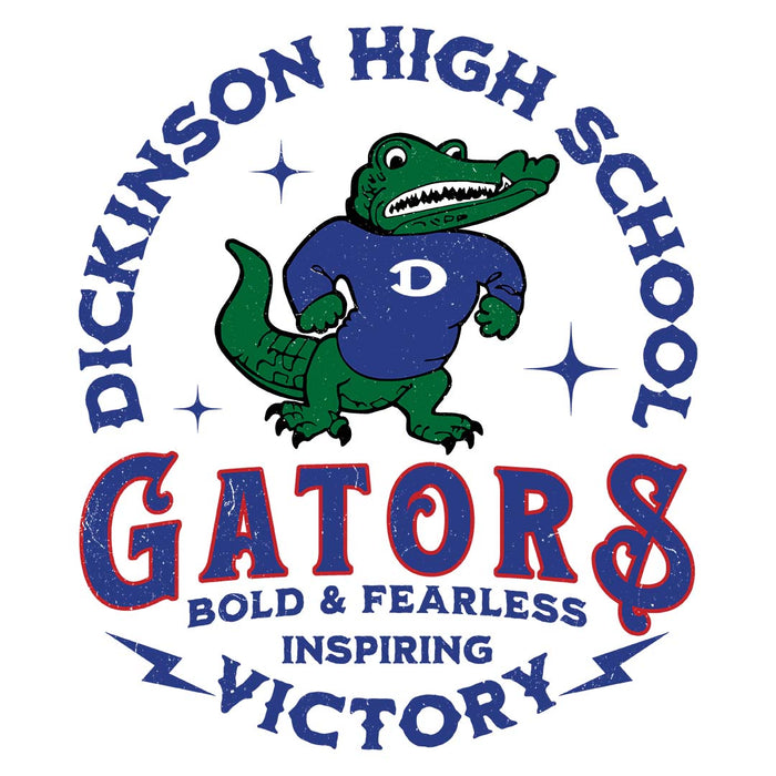 Close-up view of Dickinson High School Gators Unisex 3/4 sleeve Raglan T-shirt 206