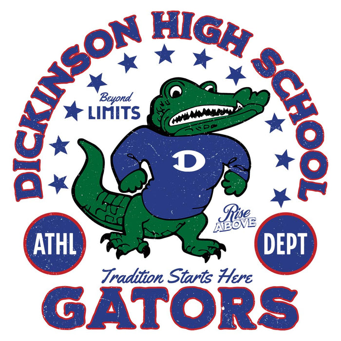 Close-up view of Dickinson High School Gators Unisex 3/4 sleeve Raglan T-shirt 208