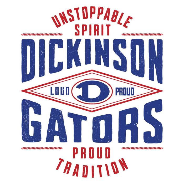 Close-up view of Dickinson High School Gators Unisex 3/4 sleeve Raglan T-shirt 210