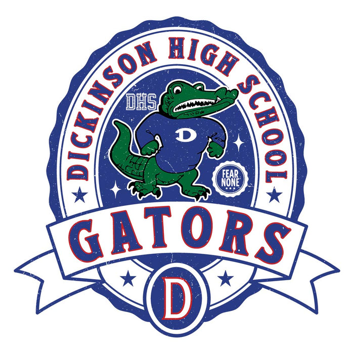 Close-up view of Dickinson High School Gators Unisex 3/4 sleeve Raglan T-shirt 212