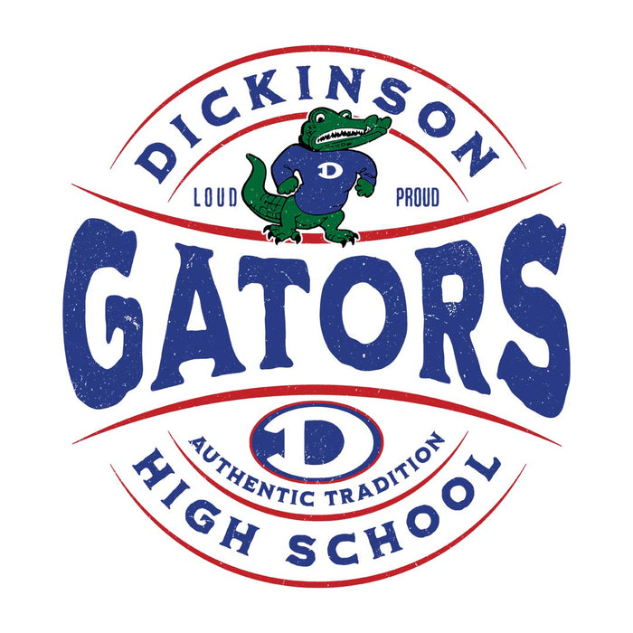 Close-up view of Dickinson High School Gators Unisex 3/4 sleeve Raglan T-shirt 218