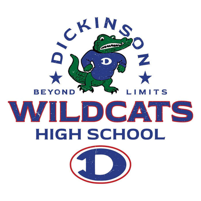 Close-up view of Dickinson High School Gators Unisex 3/4 sleeve Raglan T-shirt 222