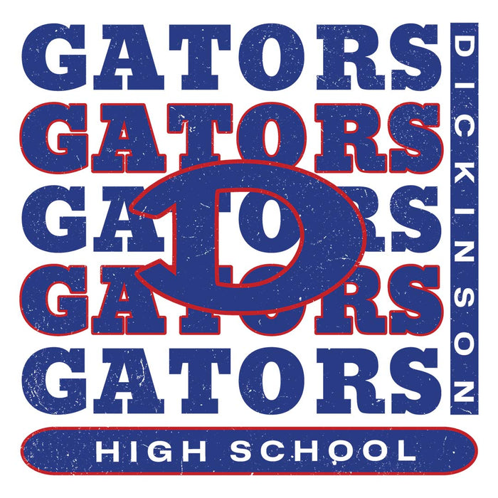 Close-up view of Dickinson High School Gators Unisex 3/4 sleeve Raglan T-shirt 235