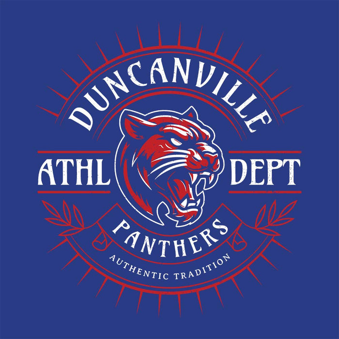 Close-up view of Duncanville High School Panthers Royal Blue Premium Unisex T-shirt 201