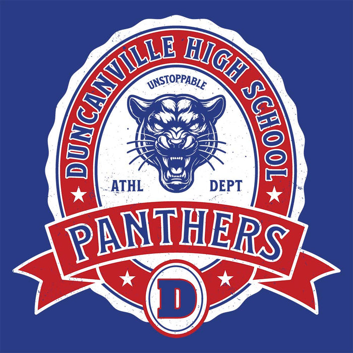 Close-up view of Duncanville High School Panthers Royal Blue Premium Unisex T-shirt 212