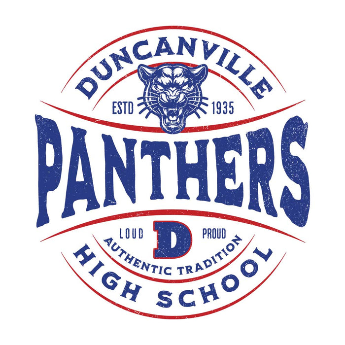 Close-up view of Duncanville High School Panthers Unisex 3/4 sleeve Raglan T-shirt 218